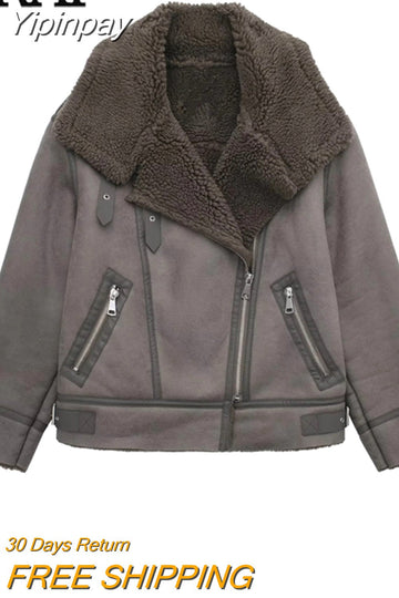 Yipinpay Women Fleece Jacket Brown Faux Leather Jacket Women Double Faced Zip Up Winter Woman Coat 2023 Very Warm Heavy Jackets